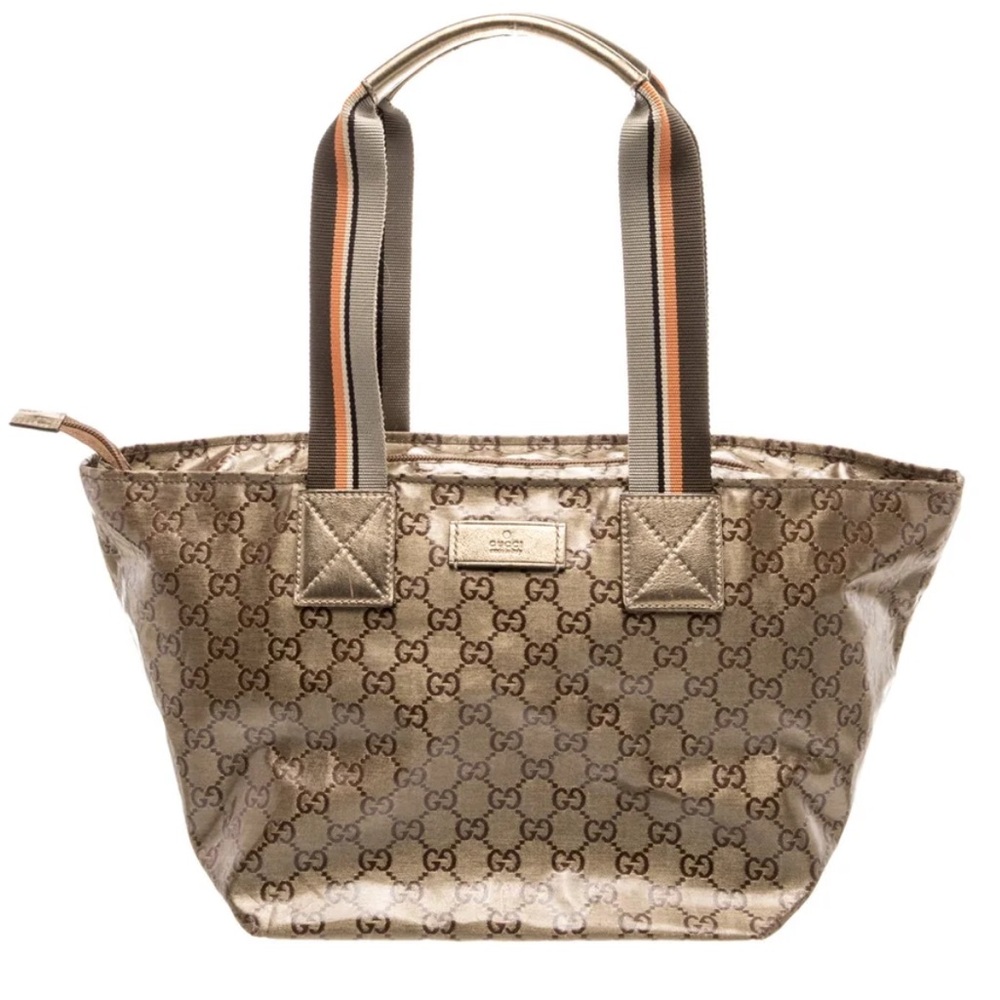 Gucci Brown Monogram Tote with Striped Web Handles